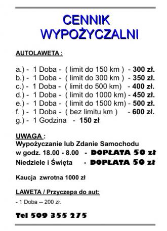 Cennik  Wypożyczalni 