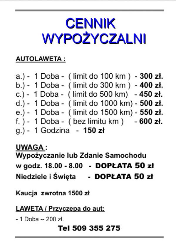 Cennik  Wypożyczalni 